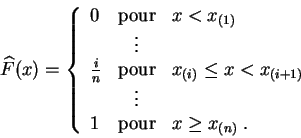 \begin{displaymath}
\widehat{F}(x) = \left\{
\begin{array}{lcl}
0 &\mbox{pour}& ...
...&\vdots&\\
1&\mbox{pour}&x\geq x_{(n)}\;.
\end{array}\right.
\end{displaymath}
