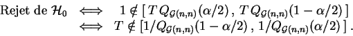 \begin{displaymath}\begin{array}{ccc}
\mbox{Rejet de }{\cal H}_0&\Longleftrighta...
...-\alpha/2)\,,\,1/Q_{{\cal G}(n,n)}(\alpha/2)\,]
\;.
\end{array}\end{displaymath}